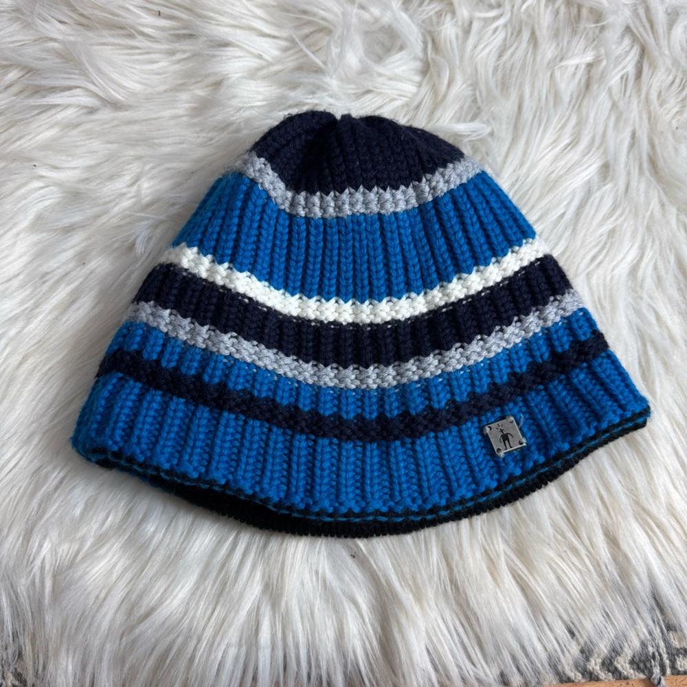 Smartwool Striped Blue White‎ Gray Wool Knit Beanie Warm Winter Hat